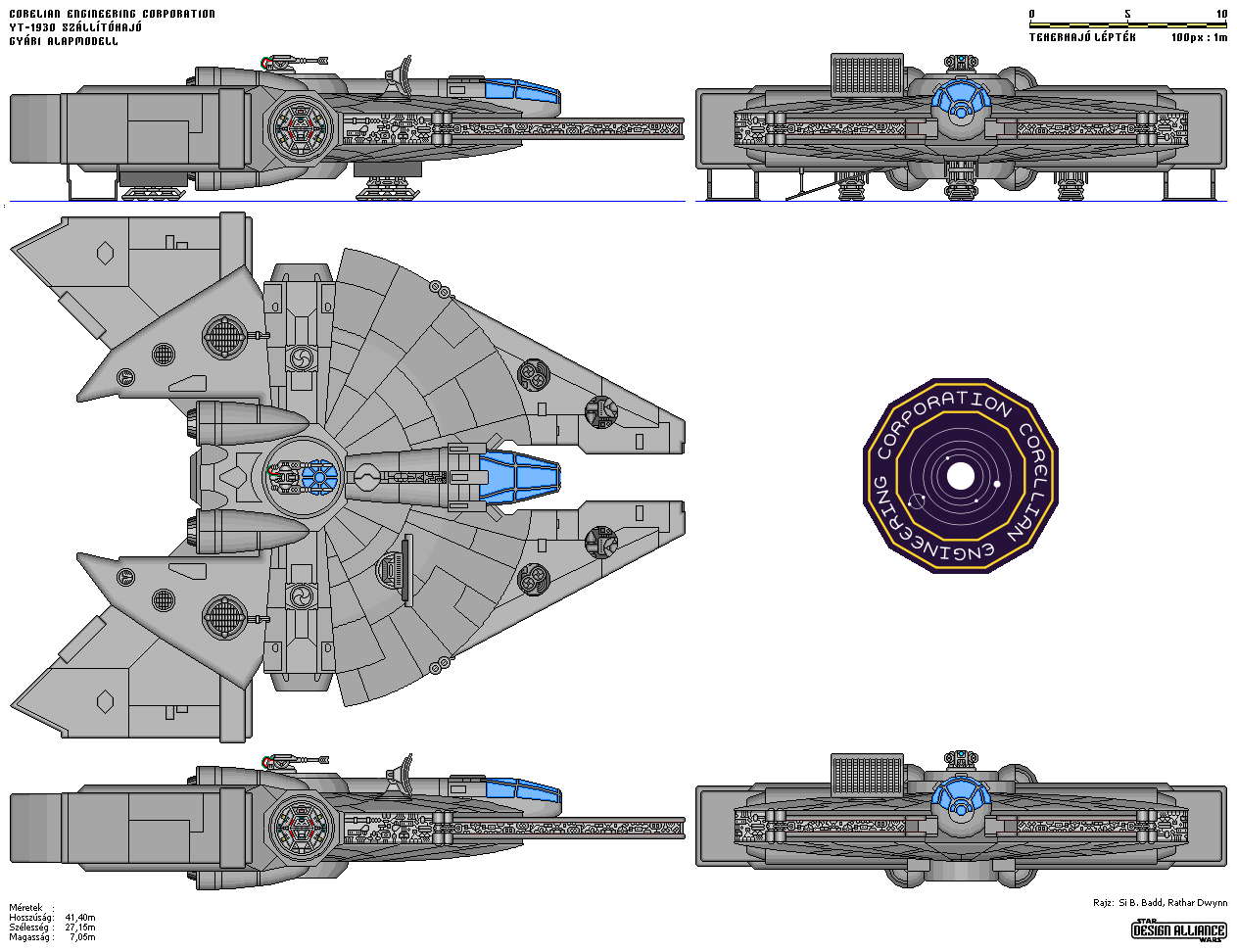 Acélsirály módosított YT-1930 Teherhajó Jármű: Corellian Engineering Corporation YT-1930 Típus: Teherhajó Lépték: Vadászgép Hossz: 35 m Legénység: 2 fő Utaslétszám: 6 fő Rakterület: 200 Tonna