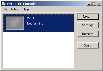 A Virtual PC 2007 első indítása Kész a VPC1 virtuális gép, de most még nem fut.