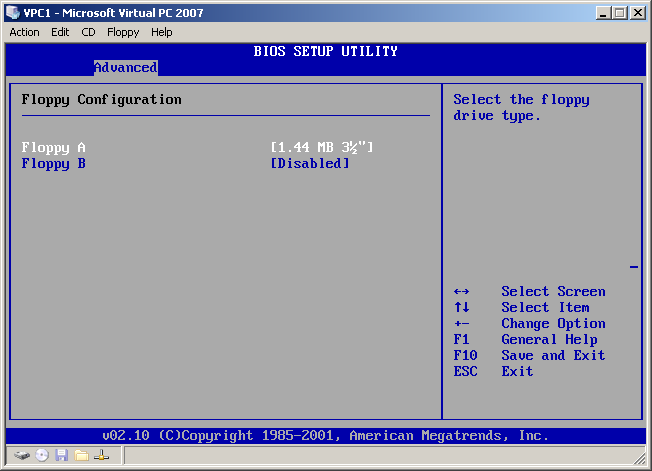 BIOS tulajdonságok vizsgálata a virtuális géppel ADVANCED / FLOPPY Mivel