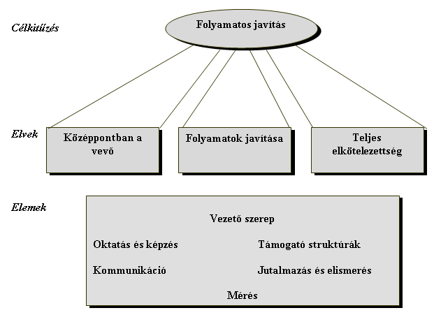 A modell értelmében a TQM három alapvető elve: összpontosítás mind a külső, mind a belső vevőkre (vevőközpontúság), összpontosítás a munkafolyamatok javítására azon célból, hogy megbízható és