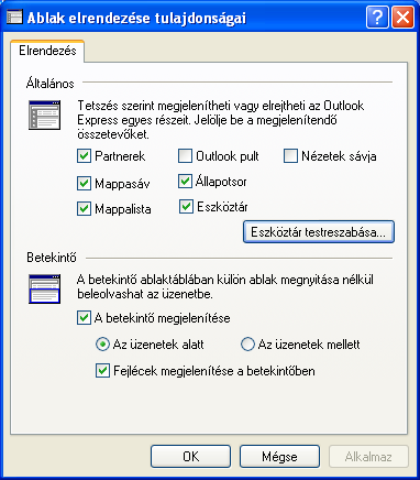 Outlook Express használata Az induló ablak több részre oszlik Nyitott mappa tartalma Mappák Partnerek Az induló ablak nézetét testre lehet szabni a Nézet menü/elrendezés almenüjével Az eszköztár