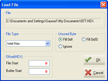 Ekkor az alábbi betöltés ablak nyilik meg: A File type menü alatt választhatod ki a fájl típusát ami lehet:bináris, Intel Hex,