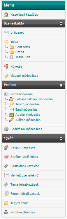 . Üzenetküldő: mint egy levelezőrendszer. A regisztrált tagoknak lehet üzenetet írni, tárolásra kerülnek az elküldött üzenetek és a félkész levelek is.