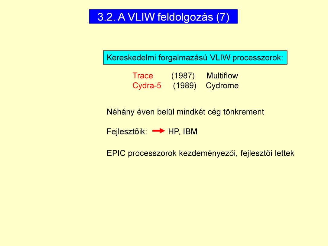 A két cég nevét nem kell tudni, csak azt, hogy minden VLIW fejlesztő cég tönkrement. Ezektől a cégektől a fejlesztők az Intelhez és a HP hoz mentek.