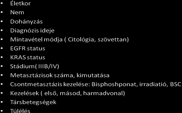 D.BETEGEK ÉS MÓDSZEREK A feldolgozás során 2008.01.01. és 2010.12.31 között összesen 224 tüdő adenokarcinómás beteg adatait dolgoztuk fel a retrospektív analízis során.