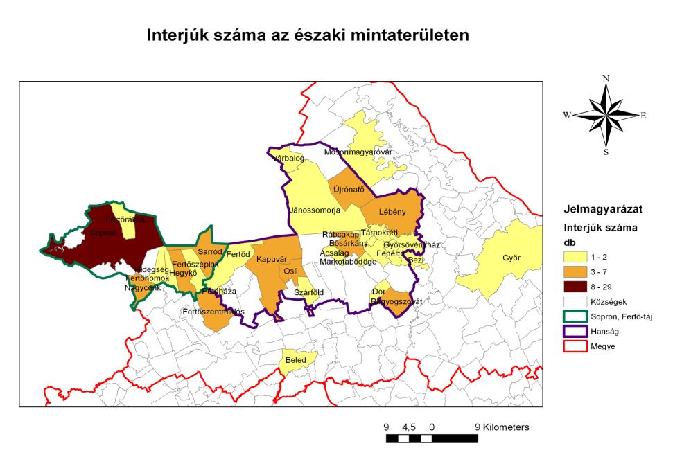 3. ábra: Az interjúk száma az északi mintaterületen A mintánkban a válaszadók 22%-a nő és 78%-a férfi volt.