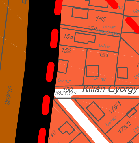 A 152 hrsz-ú ingatlan Kertvárosias lakó felhasználásba sorolt. A Kölcsey F. utcával érintkező sarka nem látható a gyűjtőút vastag fekete vonala miatt. Valószínű, hogy ugyanaz, mint a telek látható e.