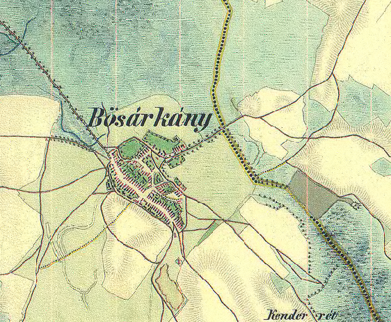 Bısárkány településfejlesztési koncepció 47 A település feljődésének áttekintése Első katonai felmérés 1782-1785 Az első katonai felmérés idején a település házai nagyrészt a mai 86. sz. főút ill.