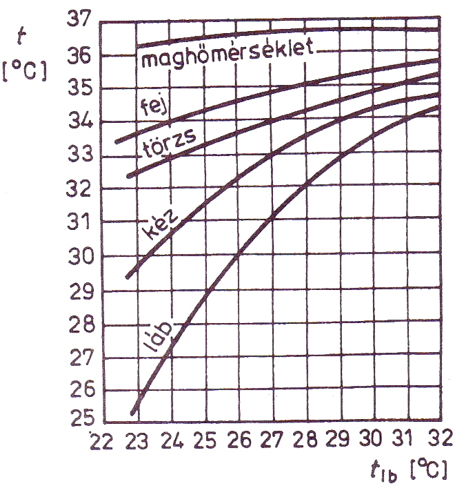 A bőrhőmérséklet az operatív hőmérséklet függvényében, ha a ruházat hőszigetelő képessége 0,6 1,0 clo közötti, az alábbi összefüggéssel számítható [3.16]: tb, eq 25,8 0, 267to. (3.