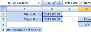 =NETWORKDAYS(B1;B2;A5:A7) Az eredménynek 84-et várunk, de mivel sajnos ebben az évben a május 1. vasárnapra esik, ezért erre is figyelve az Excel eredményül a 85-öt adja. 101.