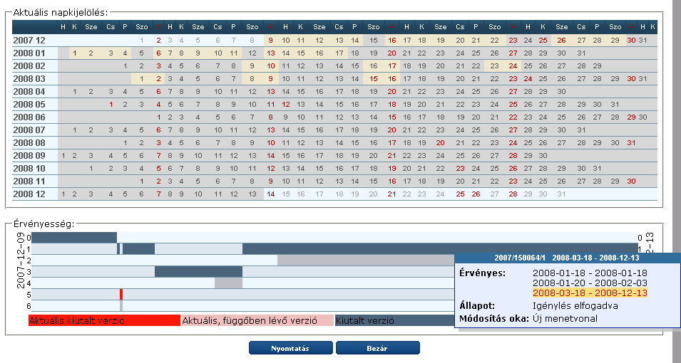 Az aktuális napkijelölés azt mutatja, hogy a menetvonal mely napokra van megrendelve.