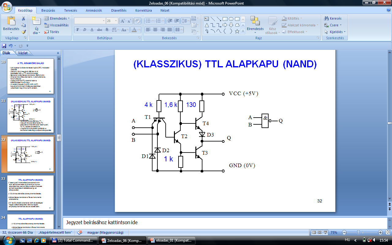 TTL ALAPKAPU (NAND) A totem-pole kimenet felső tranzisztora mint aktív felhúzó terhelés kis dinamikus munkaellenállást képvisel, ami felgyorsítja a kimenetet terhelő kapacitások áttöltését, és így az