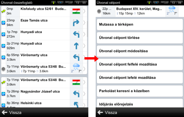 Az útvonal Fontos helyek részben jelölt részeit megváltoztathatja.