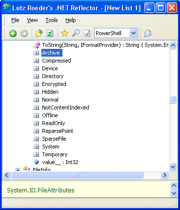 Fájlkezelés [14] PS C:\> (Get-Item C:\scripts\alice.txt).attributes.gettype().fullname System.IO.FileAttributes Nem meglepő módon ez System.IO.FileAttributes típusú, rákeresve erre a Reflectorban ezt láthatjuk: 49.