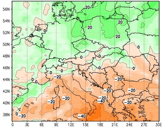 Eredmény Reprezentatív projekciók a nyári csapadékváltozásra [%] Idıszak: 2021 2050 Nyári félév