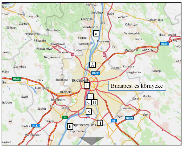 3. Ábra Mintavételi pontok (1: ELTE-TTK előtt, 2: Kvassay-zsilip mellett, 3: Csepel vízmű mellett) a Duna mentén (A: Észak-pesti, B: Dél-pesti, C: