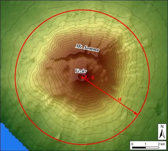 A centrális sávszelvény készítésére mintaként a Vezúvot mutatjuk be (2. ábra). 2. ábra. Centrális sávszelvény készítése. a) Vezúv DTM-je a vizsgált 5 km sugarú körrel. b) Centrális sávszelvény.