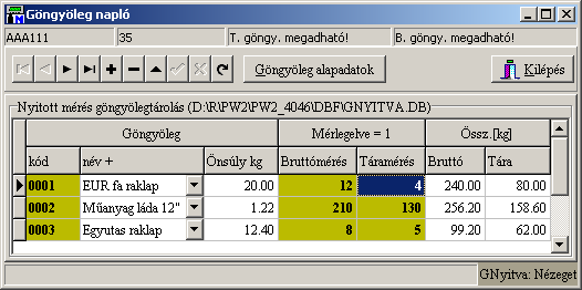 METRISoft KFT PW2.EXE Jármű Mérlegelő Program 52/37 9.6.16. Kézi göngyölegsúly megadása Ha a göngyölegtömeg nem tipikus, viszont ismert, ez kézi adatbevitellel megtehető ezen az adatcsoporton.