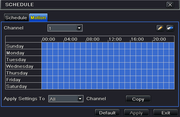 4.4.2 Mozgás Az itt megadott időszakban a kamerák képeit mozgásérzékeléssel indítva rögzíti a DVR. 1.