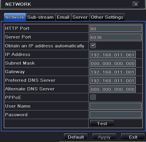 4.6 Hálózati beállítás Hálózati beállítás menüpont négy almenüt tartalmaz: hálózat, sub-stream, e-mail és egyéb beállítások. 4.6.1 Hálózat 1.