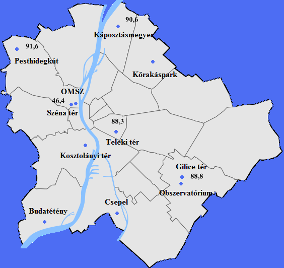 12. ábra. Az ózon koncentráció átlagai (µg m 3 ) 2012. június 31. és július 9. között az öt működő budapesti ózonmérő állomáson.