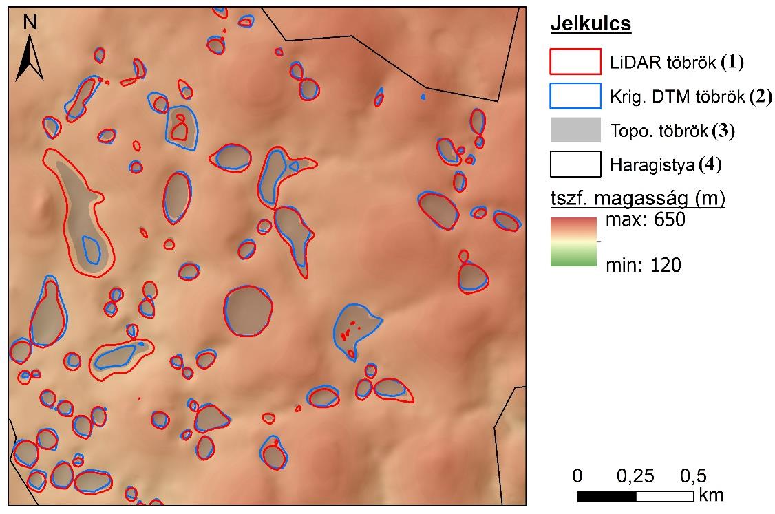 3. ábra: Számos példa látható a három alapadatból levezetett töbrök közti eltérésekre. Fig.