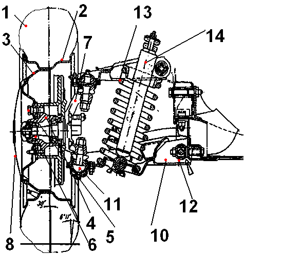 Rugózás: 13. rugók; 14. lengéscsillapítók; 15. stabilizátorok; 16.