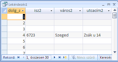 Í r t a : V i d a A t t i l a : : h a n s a g i i s k. h u 35 Az alábbi ábrákon ugyanaz a lekérdezés kétféle illesztéssel szerepel. Szoros illesztésnél: Mindkét táblában szereplő rekordok listázódnak.