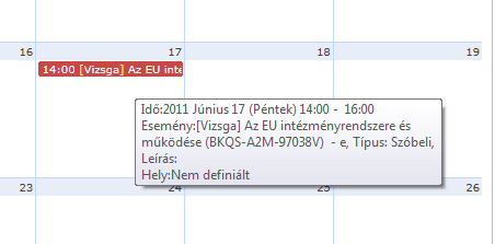 Várólistás kurzus órarendi kijelzése Tooltip az adott eseményről FIGYELEM!