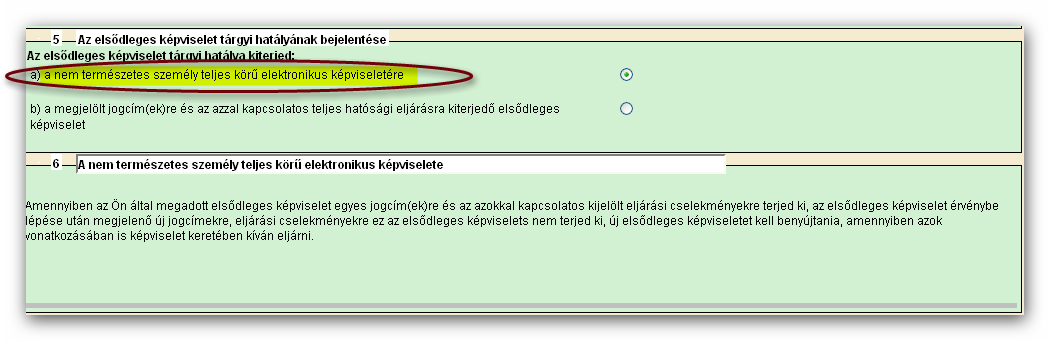 Az 5. blokk az elsődleges képviselet tárgyi hatályának bejelentésére szolgál.