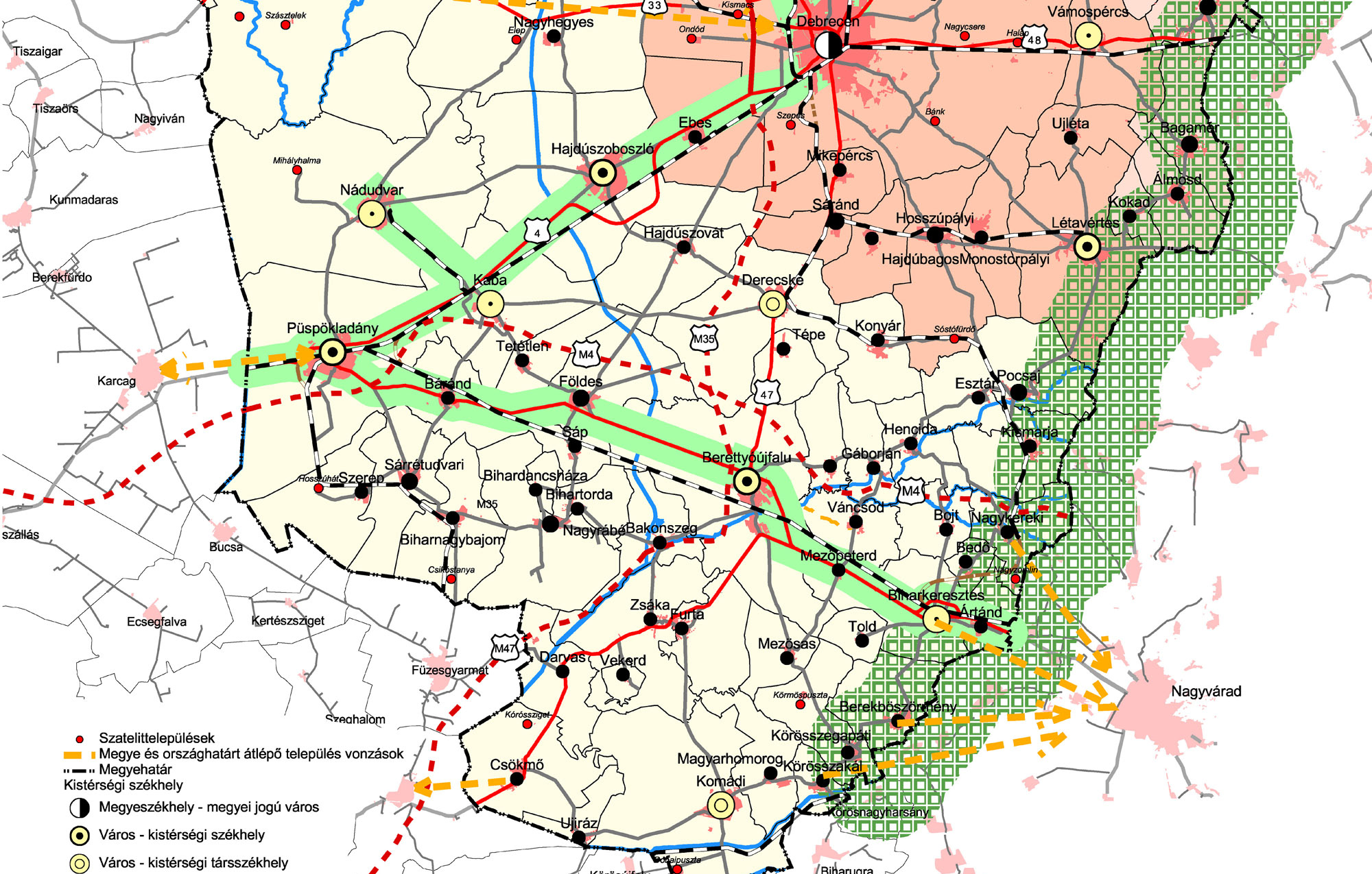 Biharnagybajom észlet Hajdú-Bihar Megye TrT vizsgálati dokumentációjából (Településrendszer) M4 és M 47 autópályák nyomvonala aktualizálva az OTrT 2013. évi módosításának tervezete alapján.