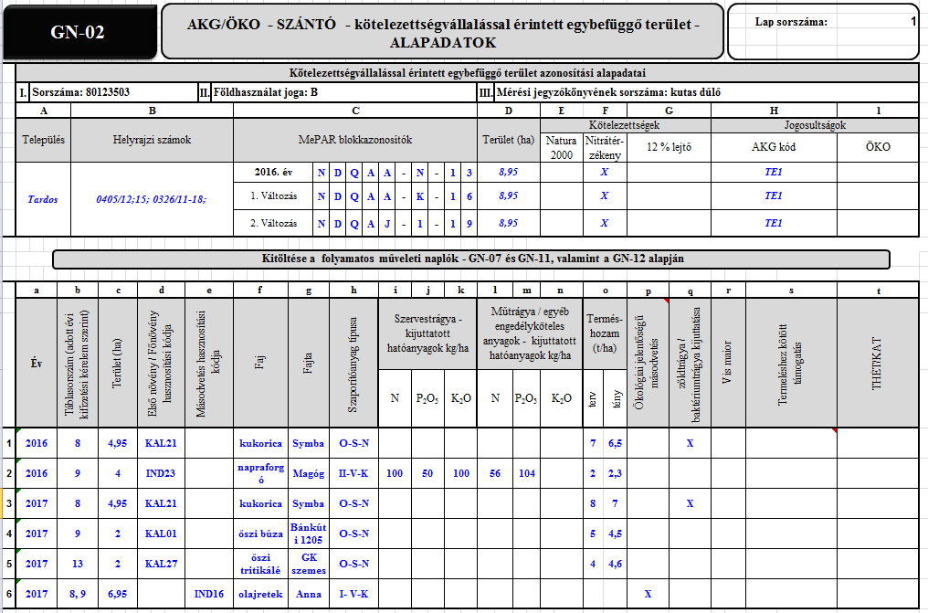 követése, GN-17 adatlapon, a nyomonkövethetőség érdekében. Az egységes kérelem térképén vagy szabad kezes rajzon ajánlott a táblák változásainak bemutatása.