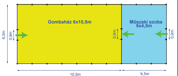 Szerkezet: Sendzimir horganyzású (275g Zn/m2) E260-as, ø 60- as acélcső 2,5- és 1,5mm falvastagsággal. Az ívek egymástól 1,5 m távolságra helyezkednek el, 3 db.