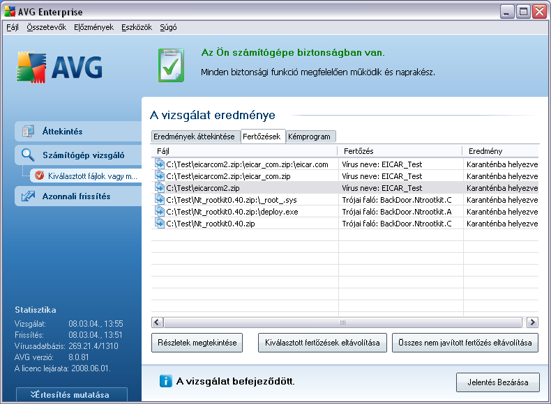 10.7.2.Fertozések fül A Fertozések fül csak akkor jelenik meg a Vizsgálat eredménye ablakban, ha a program vírusfertozést talált a vizsgálat során.