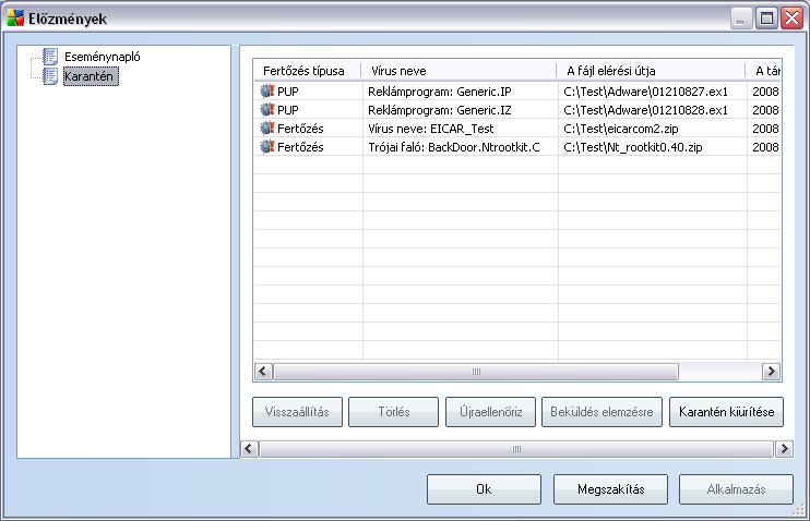 10.8.Karantén A Karantén biztonságos környezetet nyújt az AVG tesztjei során azonosított gyanús/ fertozött fájlok kezeléséhez.