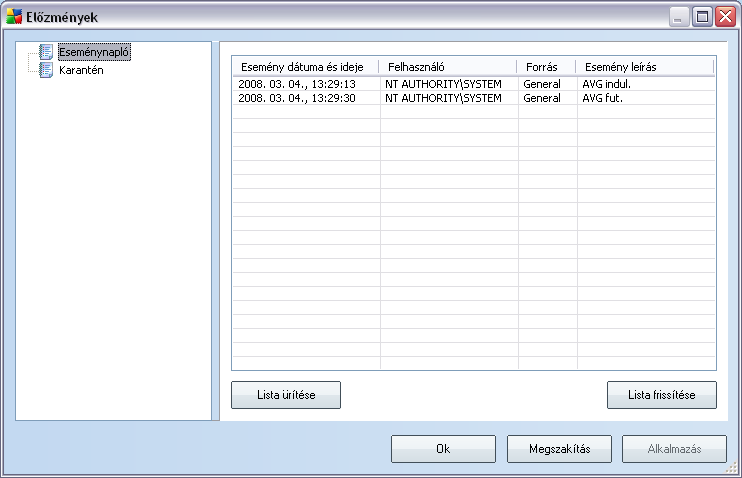 12. Esemény elozmények Az Esemény elozmények panel elérheto a rendszer menübol az Elozmények/ Eseménynapló elemen keresztül. Ezen a panelen az AVG 8.