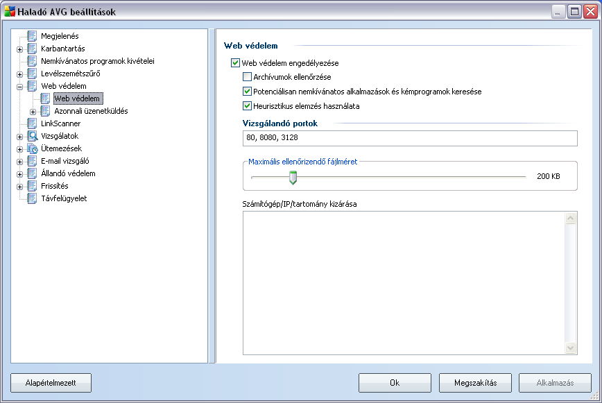 9.4.1. Web védelem A Web védelem ablakban szerkesztheti az összetevo beállításait a honlapok tartalmi vizsgálatának szempontjából.