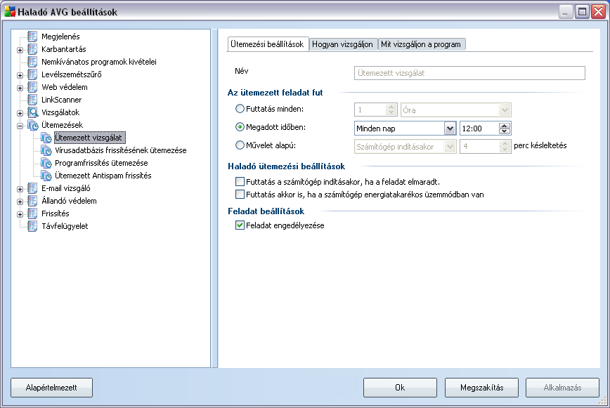 9.7. Ütemezések Az Ütemezések részben szerkesztheti a következok alapbeállításait: Ütemezett teljes vizsgálat Vírusadatbázis frissítésének ütemezése Programfrissítés ütemezése Levélszemétszuro