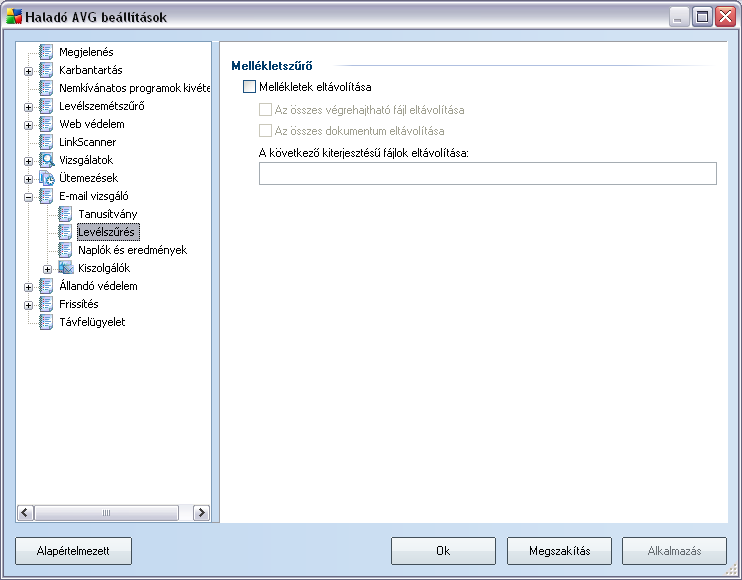 9.8.2. Levélszurés A Mellékletszuro panel lehetové teszi, hogy megadja az email csatolmányok vizsgálatának paramétereit. Alapállapotban a Mellékletek eltávolítása opció ki van kapcsolva.