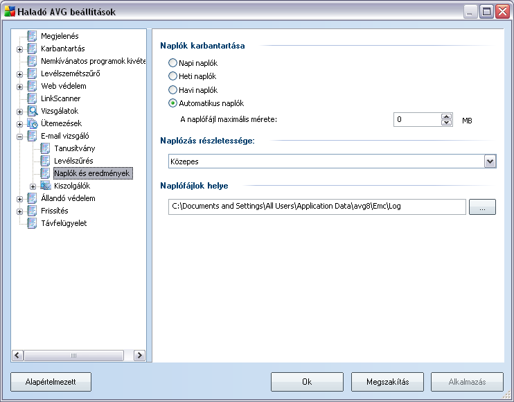 9.8.3. Naplók és eredmények A Naplók és eredmények elemen belül megnyitott panel lehetové teszi, hogy meghatározza az email vizsgálat eredményeinek karbantartásához szükséges paramétereket.