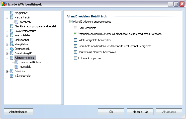 9.9. Állandó védelem Az Állandó védelem Az Állandó védelem összetevo a fájlok és mappák vírusokkal, kémprogramokkal és rosszindulatú programokkal szembeni folyamatos védelmét biztosítja.