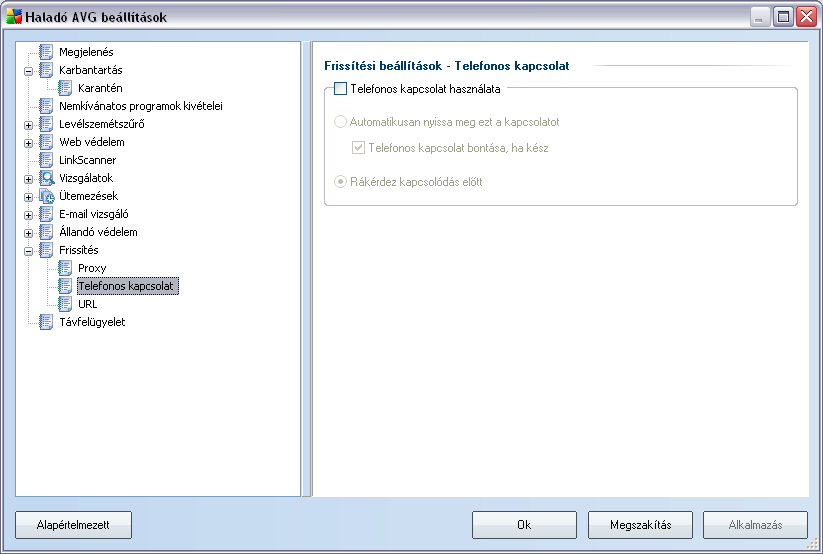 9.10.2.Telefonos kapcsolat A tetszolegesen meghatározható paraméterek a Frissítési beállítások - Telefonos kapcsolat panelen a betárcsázós internetkapcsolatra vonatkoznak.