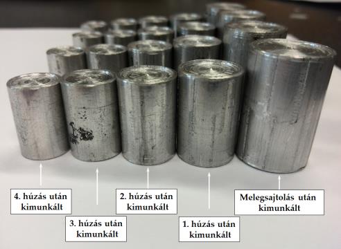 Az egyes húzásokat követően minden esetben mintát vettem, melyből zömítőpróbákat munkáltattam ki. 95. ábra Az egyes húzások során kivett mintákból készített zömítőpróbák képe.