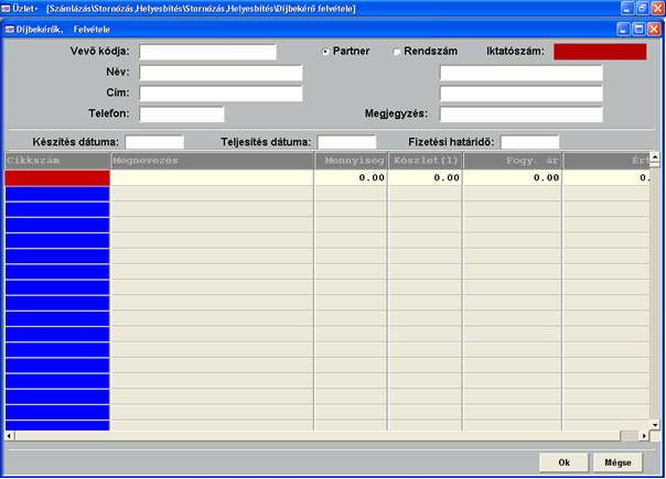 A díjbekérő fejrészét az alábbi formában kell rögzítenie a kezelőnek: Vevő kódja: A vevő kódja. Csak olyan kódot fogad el, amely már van a partnertörzsben.