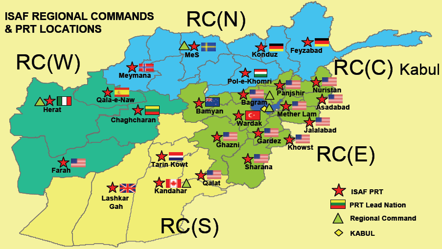 Regionális Parancsnokságok (RC s) és Tartományi Újjáépítő Csoportok (PRT S) Az ISAF Regionális Parancsnokságai (RC s) és Tartományi Újjáépítő Csoportok diszlokációja (PRT S) (Forrás: http://www2.hq.