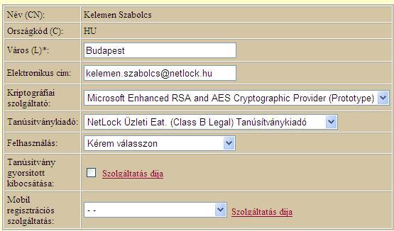 Aláíró tanúsítvány esetén kérjük, válassza a Kulcsgenerálás böngészőből (Firefox, Internet Explorer), titkosító tanúsítvány esetén válassza a Kulcs-visszaállítható, kérelemkészítés lehetőséget, majd