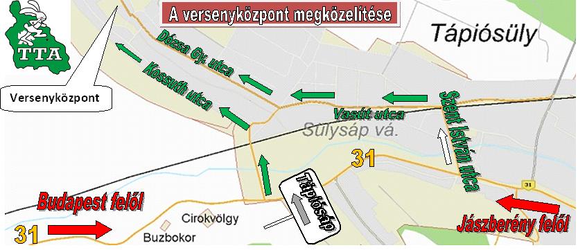 A vasúti átjárót elhagyva balrakanyarodva a Vasút utcán (a vasútállomás mellett elhaladva) a Dózsa György úti elágazásig, majd a Dózsa György úton végig haladva a versenyközpontig.