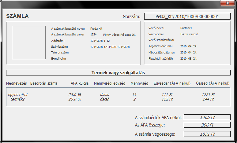 A jobb felső sarokban találhatóak a partner adatai, valamint a kapcsolódó dátumok.