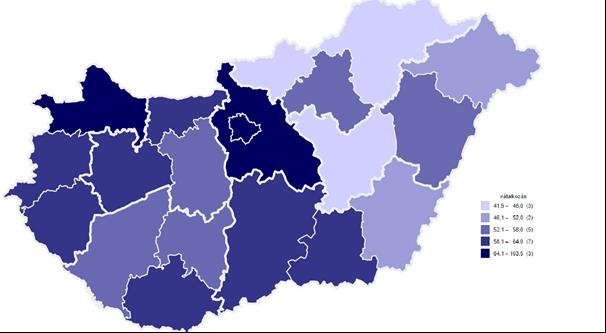 Működő vállalkozások száma - ezer lakosra (2014.) A Dunától keletre a vállalkozások sűrűsége csökken.