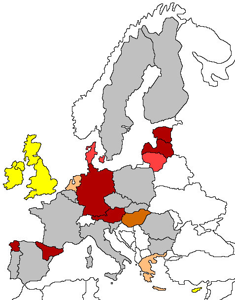 5. térkép: Öröklési szerződések sötétvörös = öröklési szerződésre van lehetőség világospiros = öröklési szerződés nincs, csak kötelező erejű közös végrendelet sötétnarancs = öröklési szerződés csak